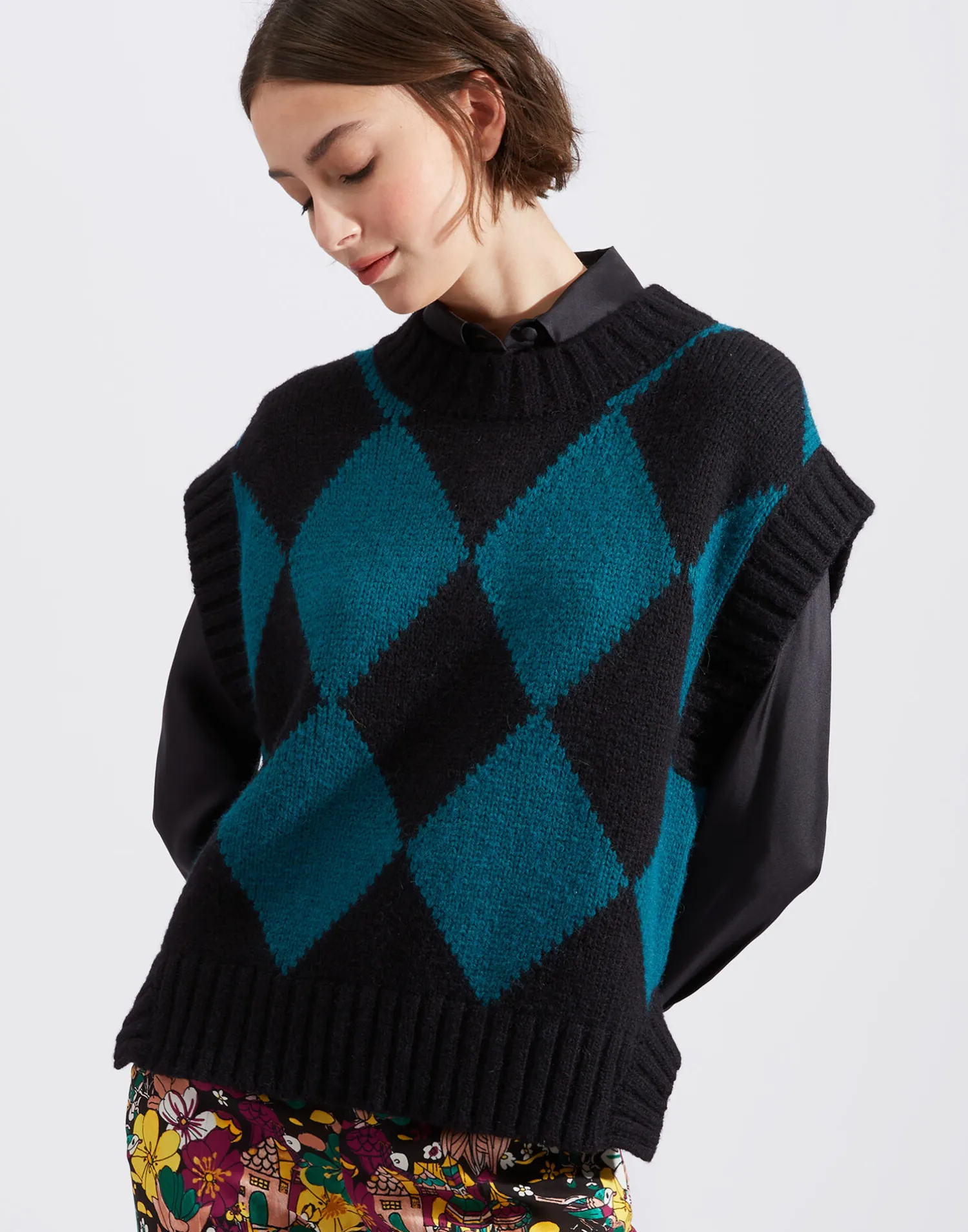 La DoubleJ Maglieria<Argyle GiletBlack / Green in Wool