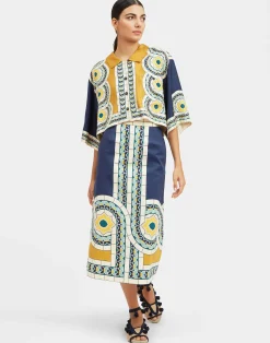La DoubleJ Gonne<Baia SkirtMudejar Plac&eacute;e Blue in Flat Cotton Stretch