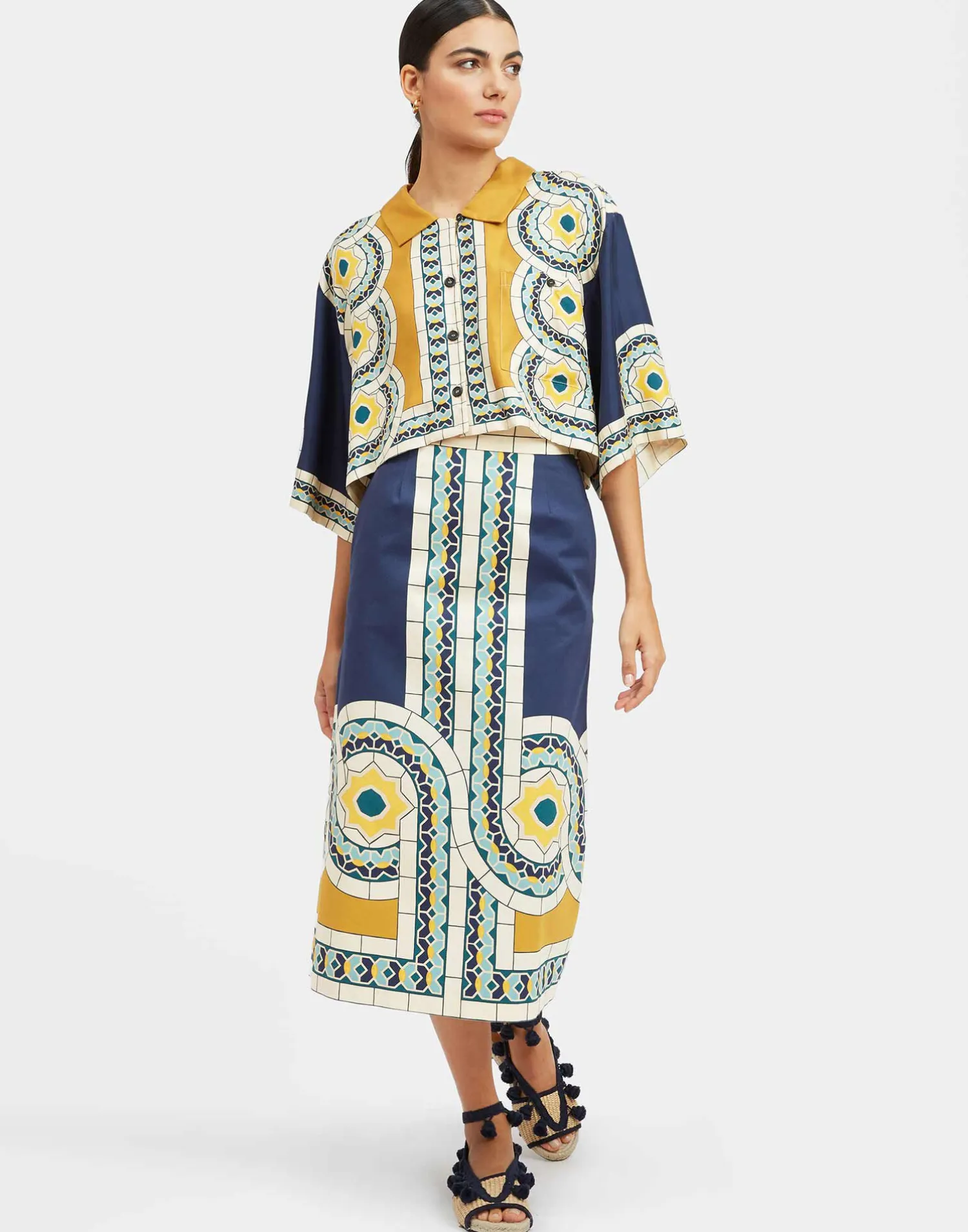 La DoubleJ Gonne<Baia SkirtMudejar Placée Blue in Flat Cotton Stretch