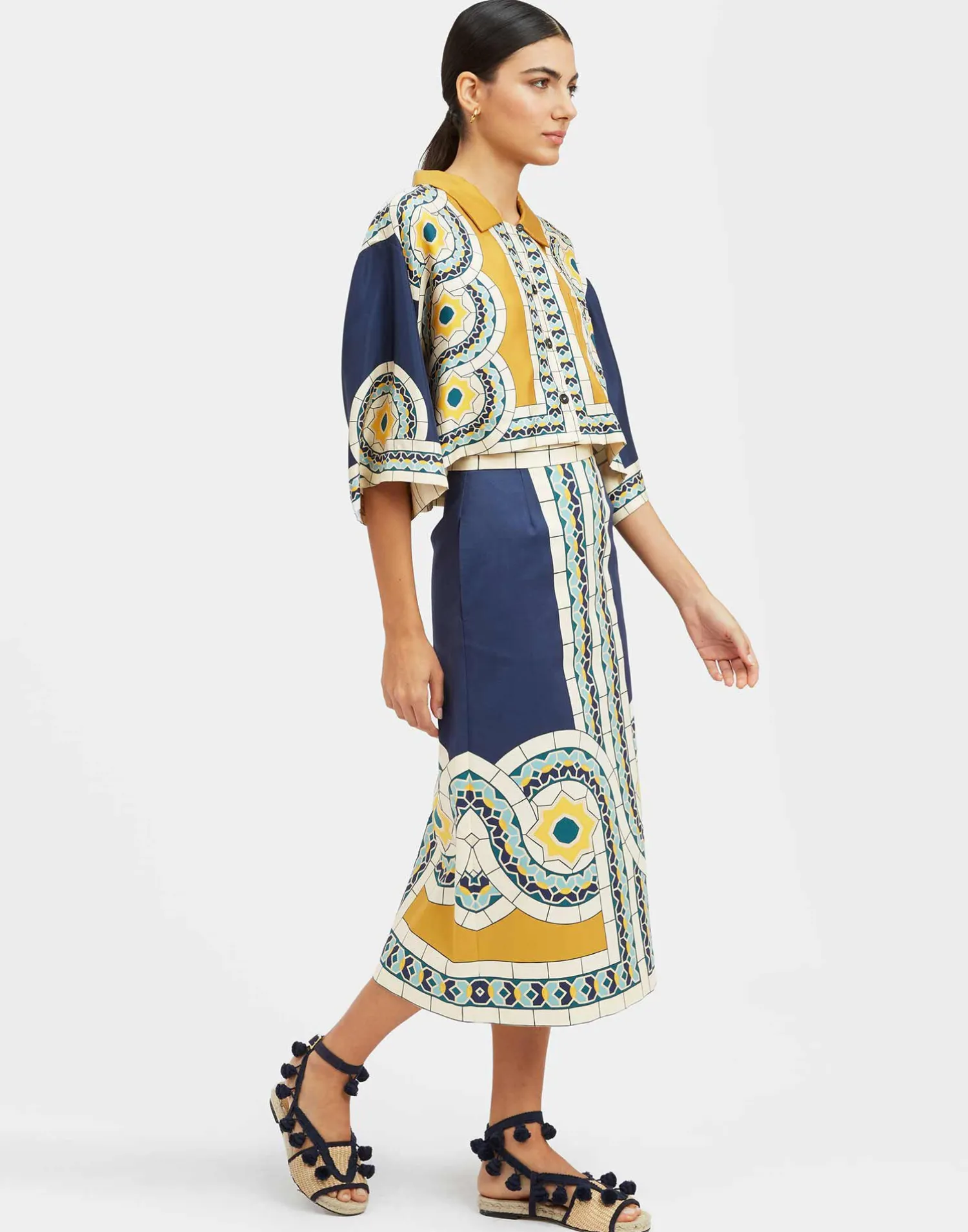 La DoubleJ Gonne<Baia SkirtMudejar Placée Blue in Flat Cotton Stretch