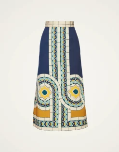 La DoubleJ Gonne<Baia SkirtMudejar Placée Blue in Flat Cotton Stretch