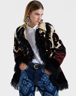 La DoubleJ Capispalla<Bonanza JacketCorsini Plac&eacute;e Cream in Cotton Velvet With Fringes