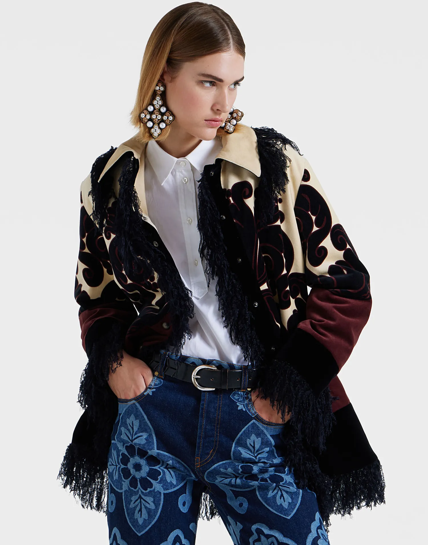La DoubleJ Capispalla<Bonanza JacketCorsini Placée Cream in Cotton Velvet With Fringes