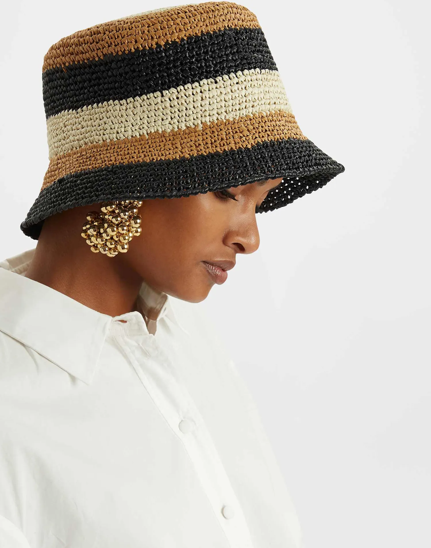 La DoubleJ Cappelli|Accessories<Bucket HatColor Block Light Beige in Raffia Crochet