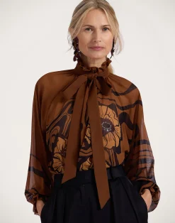 La DoubleJ Camicie E Top<Cerere BlouseBig Blooms Plac&eacute;e Brown in Silk Chiffon