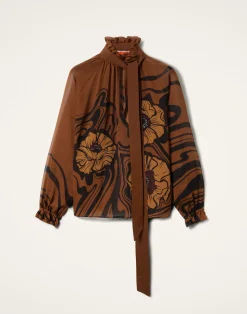 La DoubleJ Camicie E Top<Cerere BlouseBig Blooms Plac&eacute;e Brown in Silk Chiffon