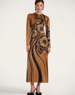 La DoubleJ Vestiti<Clingy SwingBig Blooms Plac&eacute;e Brown in Stretch Satin
