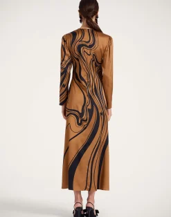 La DoubleJ Vestiti<Clingy SwingBig Blooms Plac&eacute;e Brown in Stretch Satin