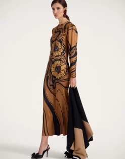 La DoubleJ Vestiti<Clingy SwingBig Blooms Plac&eacute;e Brown in Stretch Satin