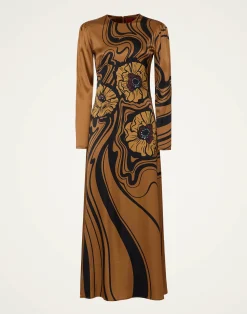 La DoubleJ Vestiti<Clingy SwingBig Blooms Plac&eacute;e Brown in Stretch Satin