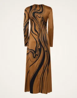 La DoubleJ Vestiti<Clingy SwingBig Blooms Plac&eacute;e Brown in Stretch Satin