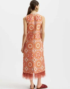 La DoubleJ Party Dressing<Column DressSun Orange in Jacquard With Feathers