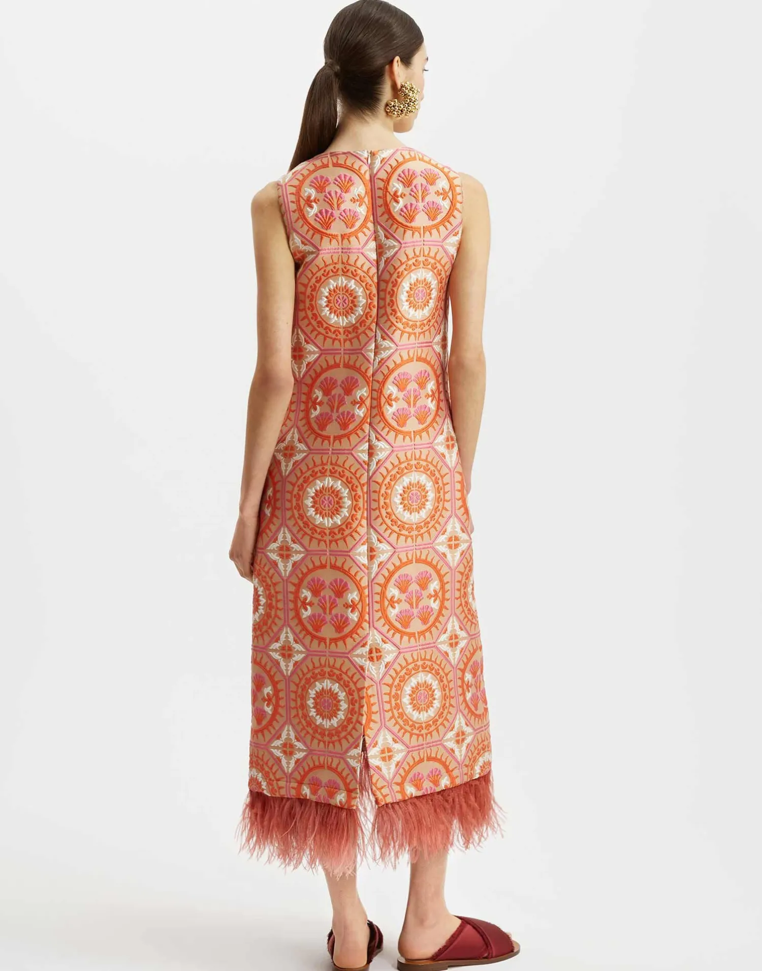 La DoubleJ Party Dressing<Column DressSun Orange in Jacquard With Feathers