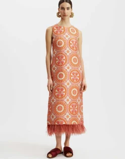 La DoubleJ Party Dressing<Column DressSun Orange in Jacquard With Feathers