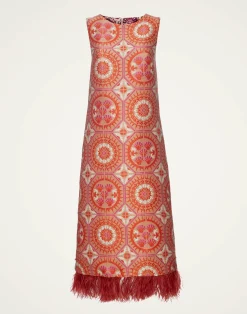 La DoubleJ Party Dressing<Column DressSun Orange in Jacquard With Feathers