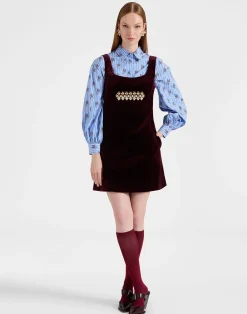 La DoubleJ Vestiti<Ella Mini DressSolid Burgundy in Cotton Velvet Embroidered