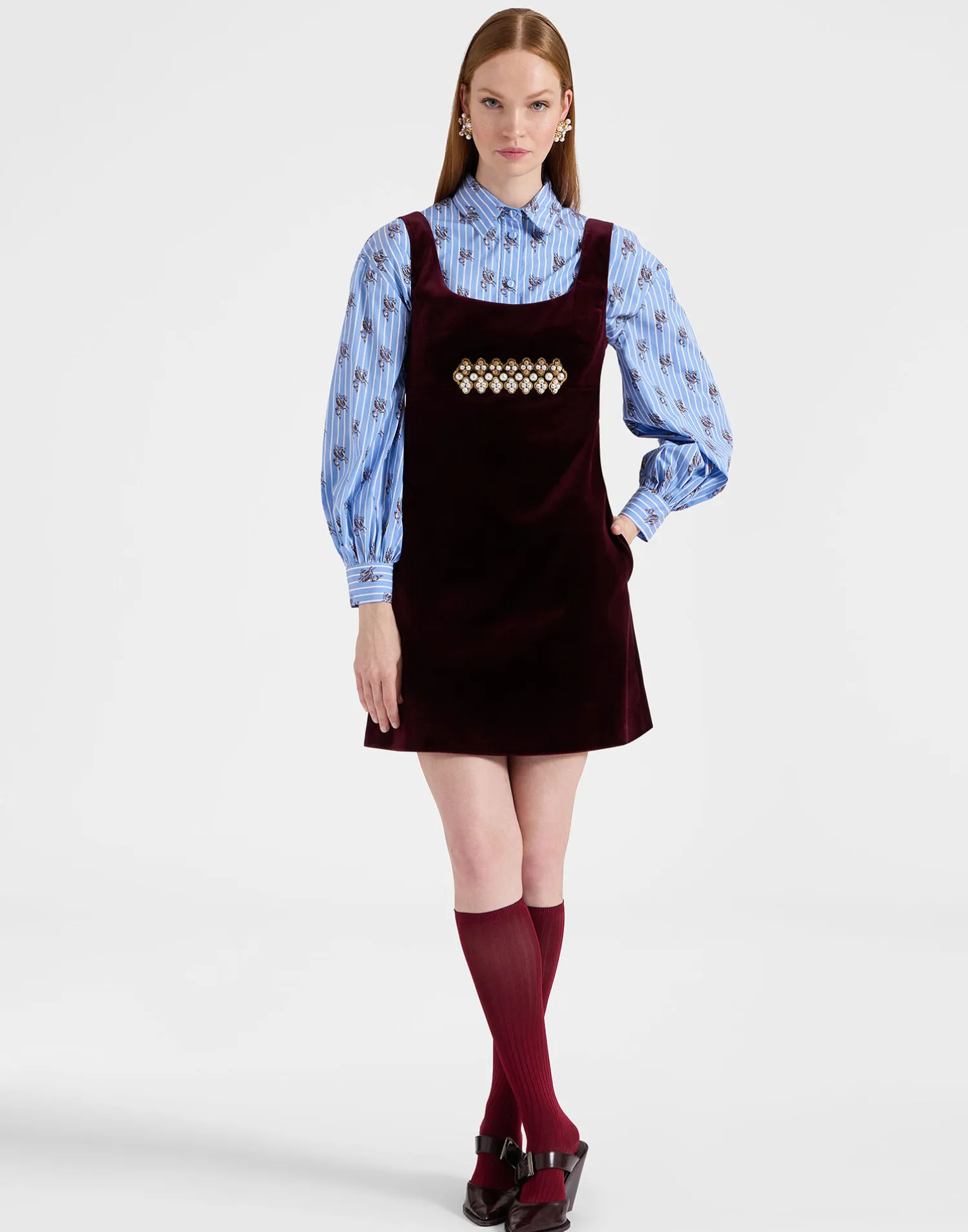 La DoubleJ Vestiti<Ella Mini DressSolid Burgundy in Cotton Velvet Embroidered
