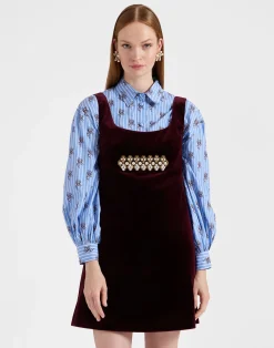 La DoubleJ Vestiti<Ella Mini DressSolid Burgundy in Cotton Velvet Embroidered