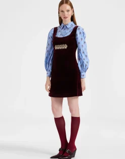 La DoubleJ Vestiti<Ella Mini DressSolid Burgundy in Cotton Velvet Embroidered