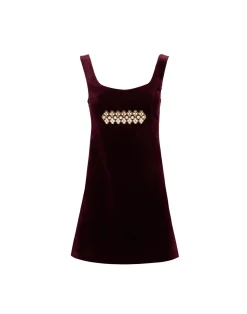 La DoubleJ Vestiti<Ella Mini DressSolid Burgundy in Cotton Velvet Embroidered