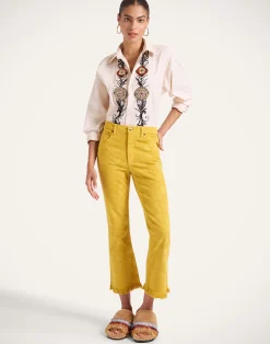 La DoubleJ Denim|Pantaloni E Shorts<Fancy Crop JeansSicomore Yellow in Laser-Printed Denim With Fringe