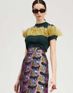 La DoubleJ Maglieria<High Kick TeeGreen in Ribbed Silk Cashmere With Feathers