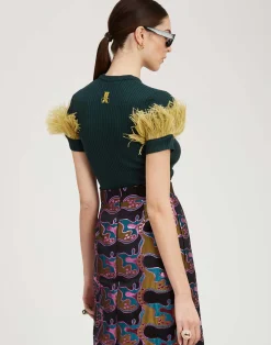 La DoubleJ Maglieria<High Kick TeeGreen in Ribbed Silk Cashmere With Feathers