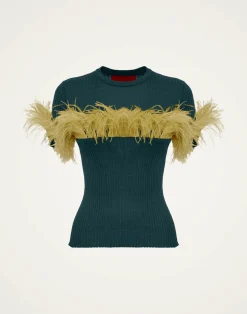 La DoubleJ Maglieria<High Kick TeeGreen in Ribbed Silk Cashmere With Feathers