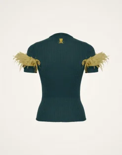 La DoubleJ Maglieria<High Kick TeeGreen in Ribbed Silk Cashmere With Feathers