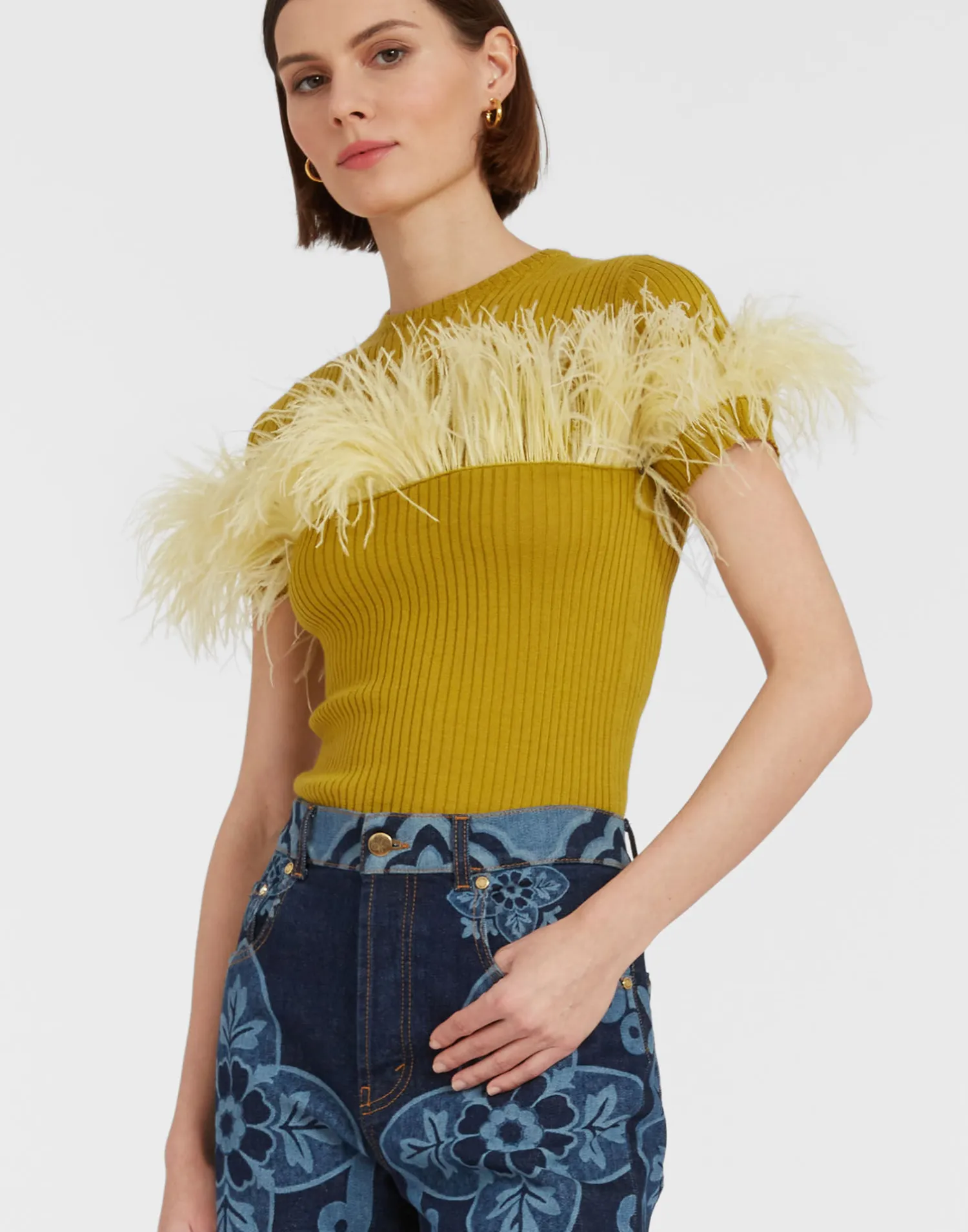 La DoubleJ Maglieria<High Kick TeeLime in Ribbed Silk Cashmere With Feathers