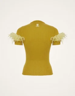 La DoubleJ Maglieria<High Kick TeeLime in Ribbed Silk Cashmere With Feathers