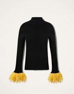 La DoubleJ Maglieria<High Kick TopBlack in Ribbed Silk Cashmere With Feathers
