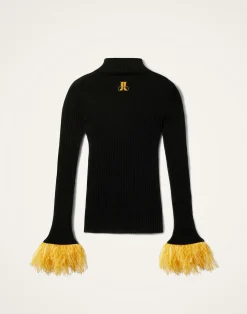 La DoubleJ Maglieria<High Kick TopBlack in Ribbed Silk Cashmere With Feathers