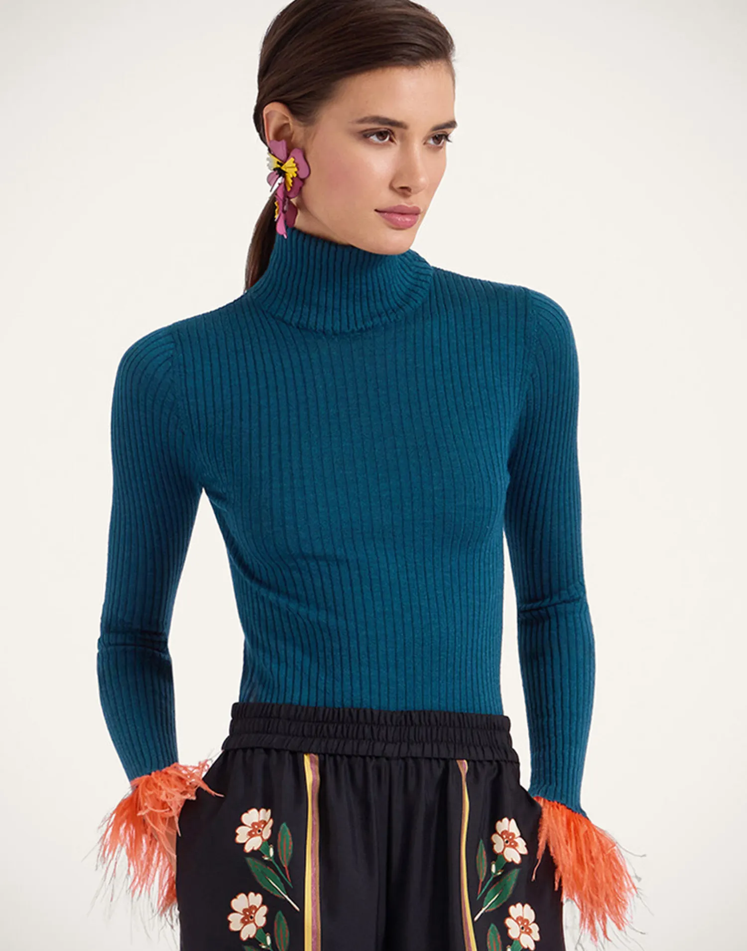 La DoubleJ Maglieria<High Kick TopBlue in Ribbed Silk Cashmere With Feathers