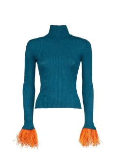 La DoubleJ Maglieria<High Kick TopBlue in Ribbed Silk Cashmere With Feathers