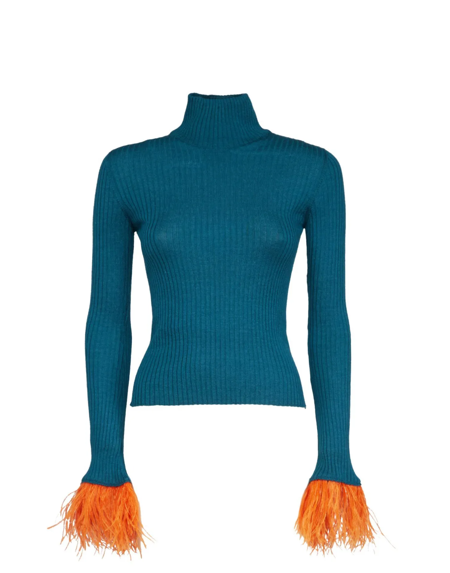 La DoubleJ Maglieria<High Kick TopBlue in Ribbed Silk Cashmere With Feathers