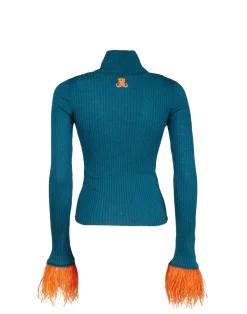 La DoubleJ Maglieria<High Kick TopBlue in Ribbed Silk Cashmere With Feathers
