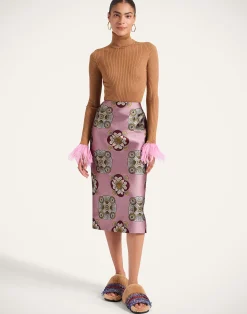 La DoubleJ Party Dressing<High Kick TopCamel in Ribbed Silk Cashmere With Feathers