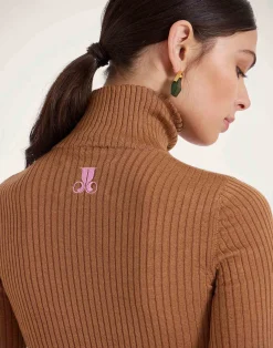 La DoubleJ Maglieria<High Kick TopCamel in Ribbed Silk Cashmere With Feathers
