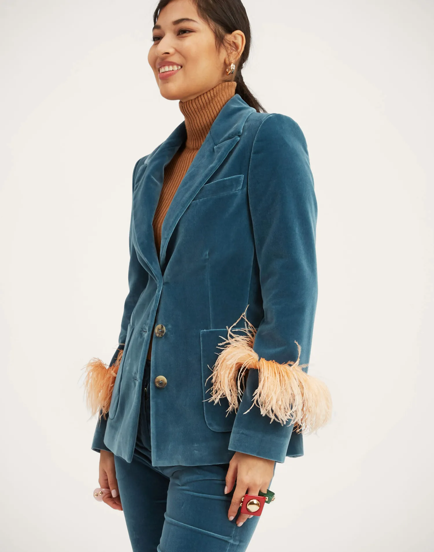 La DoubleJ Capispalla<Keaton JacketLight Blue in Velvet With Feathers