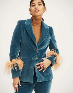La DoubleJ Capispalla<Keaton JacketLight Blue in Velvet With Feathers