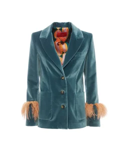 La DoubleJ Capispalla<Keaton JacketLight Blue in Velvet With Feathers
