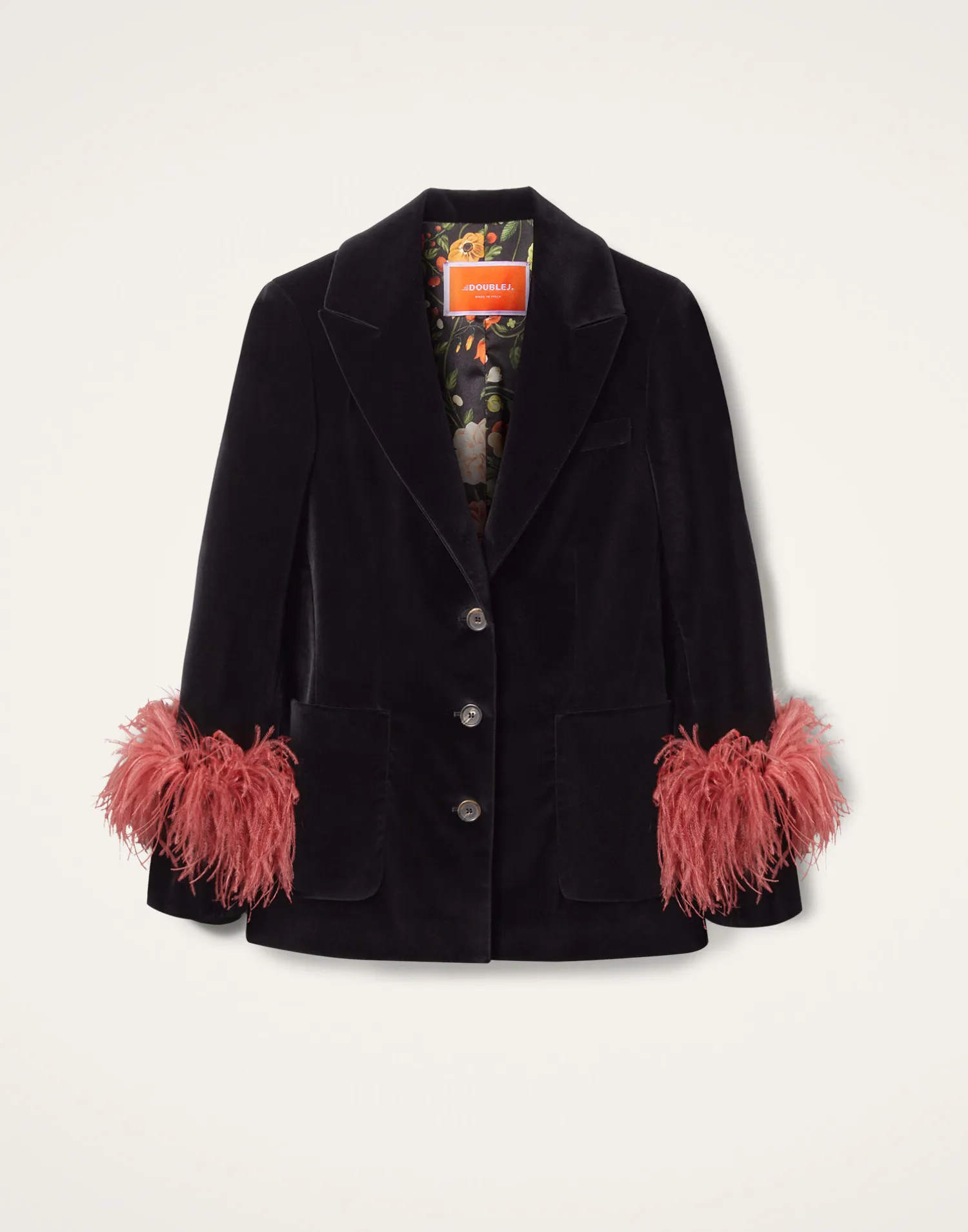 La DoubleJ Capispalla<Keaton JacketSolid Black in Cotton Velvet With Feathers
