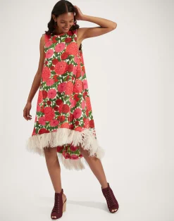 La DoubleJ Vestiti<La Scala High Dress (With Feathers)Pink Dahlias in Shot Cotton