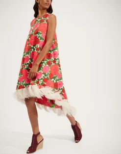 La DoubleJ Vestiti<La Scala High Dress (With Feathers)Pink Dahlias in Shot Cotton