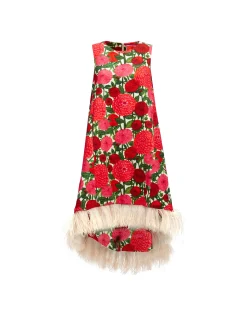 La DoubleJ Vestiti<La Scala High Dress (With Feathers)Pink Dahlias in Shot Cotton