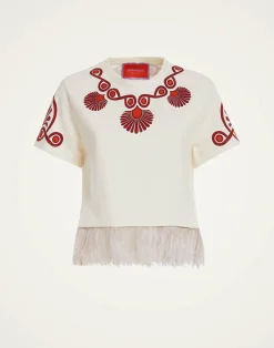 La DoubleJ Felpe E Magliette|Camicie E Top<La Scala TeeMedallion Placée Cream in Heavy Jersey With Feathers