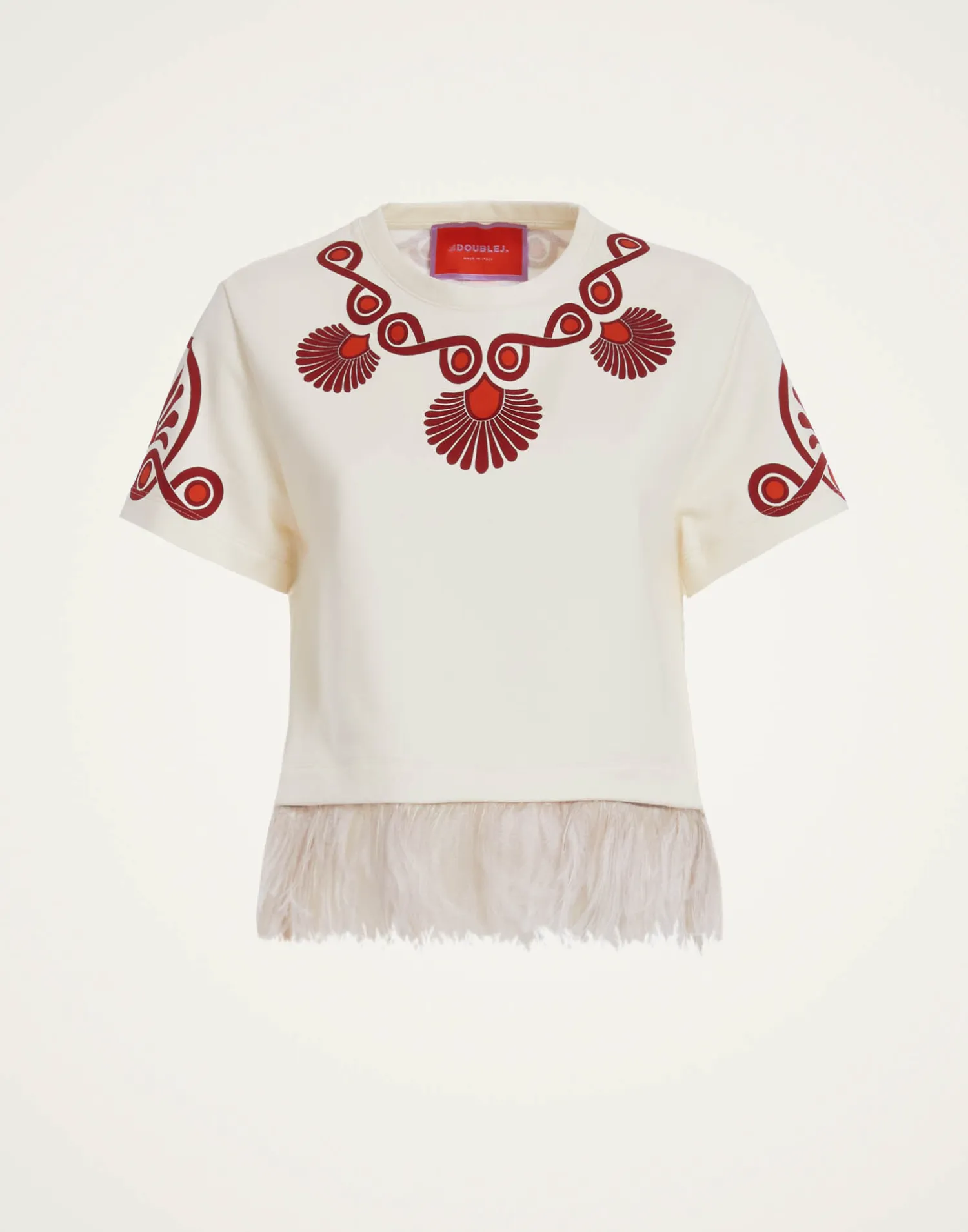 La DoubleJ Felpe E Magliette|Camicie E Top<La Scala TeeMedallion Placée Cream in Heavy Jersey With Feathers