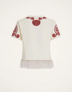 La DoubleJ Felpe E Magliette|Camicie E Top<La Scala TeeMedallion Placée Cream in Heavy Jersey With Feathers