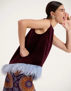 La DoubleJ Camicie E Top<La Scala TopSolid Burgandy in Cotton Velvet With Feathers